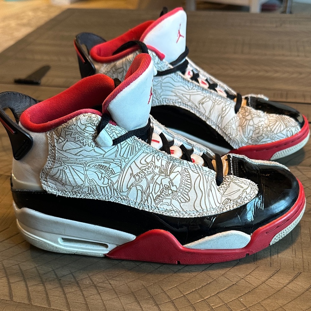 Jordan Kids White, Black & Red High-Top Sneakers with Graphic Upper